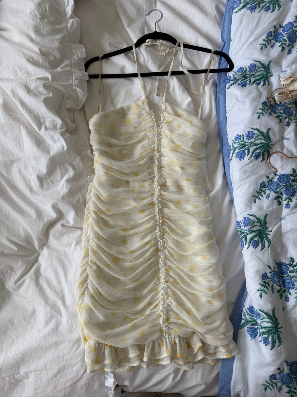 Ruched Yellow Polka Dot Mini Dress